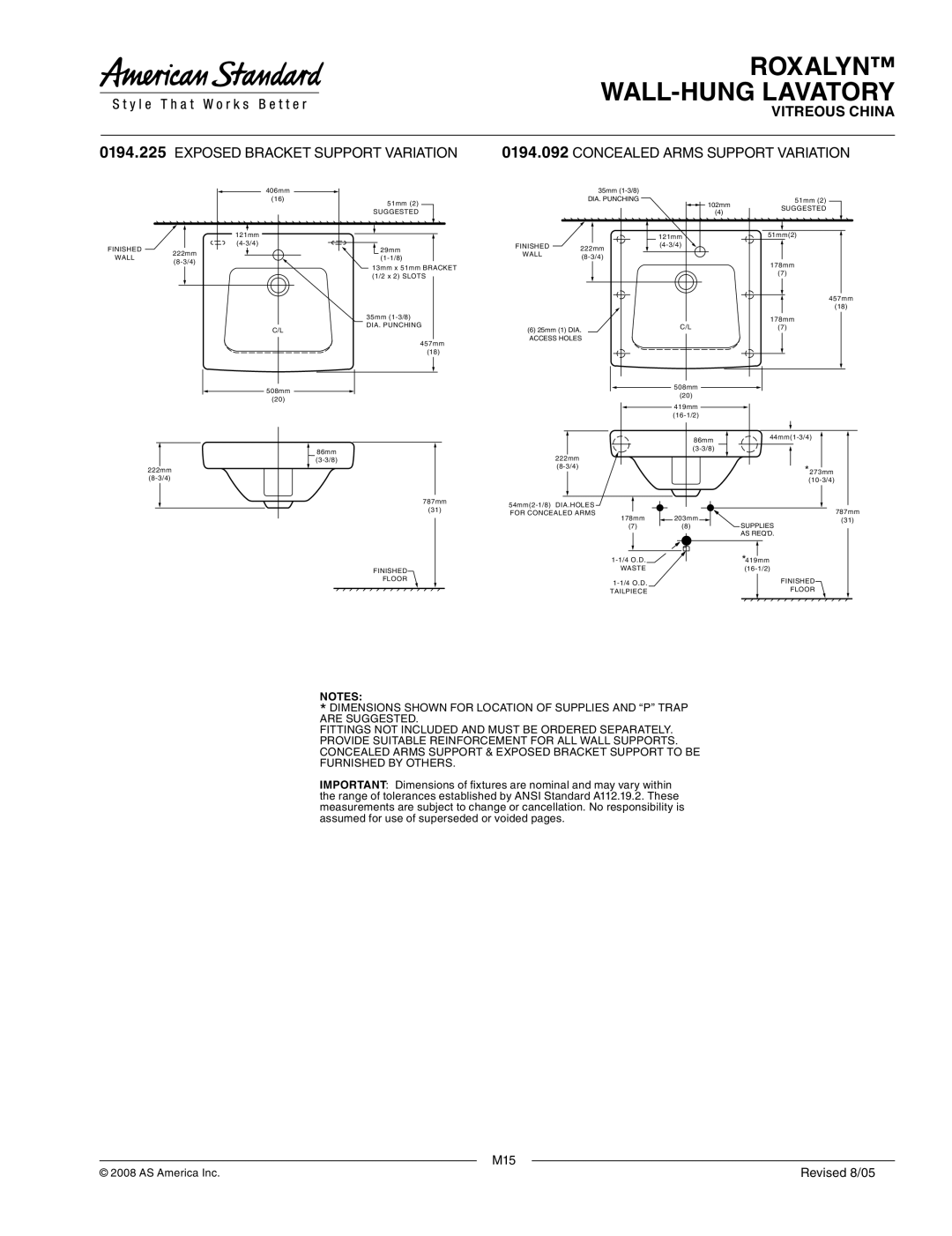 American Standard 00194.225 dimensions Roxalyn WALL-HUNG Lavatory, Vitreous China, Exposed Bracket Support Variation 