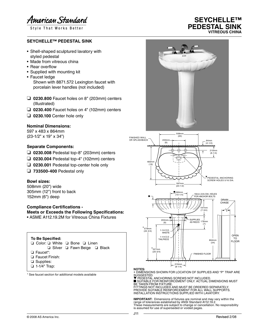 American Standard 0230.400, 0230.001, 0230.100, 0230.800 dimensions Seychelle Pedestal Sink, 0230.004 