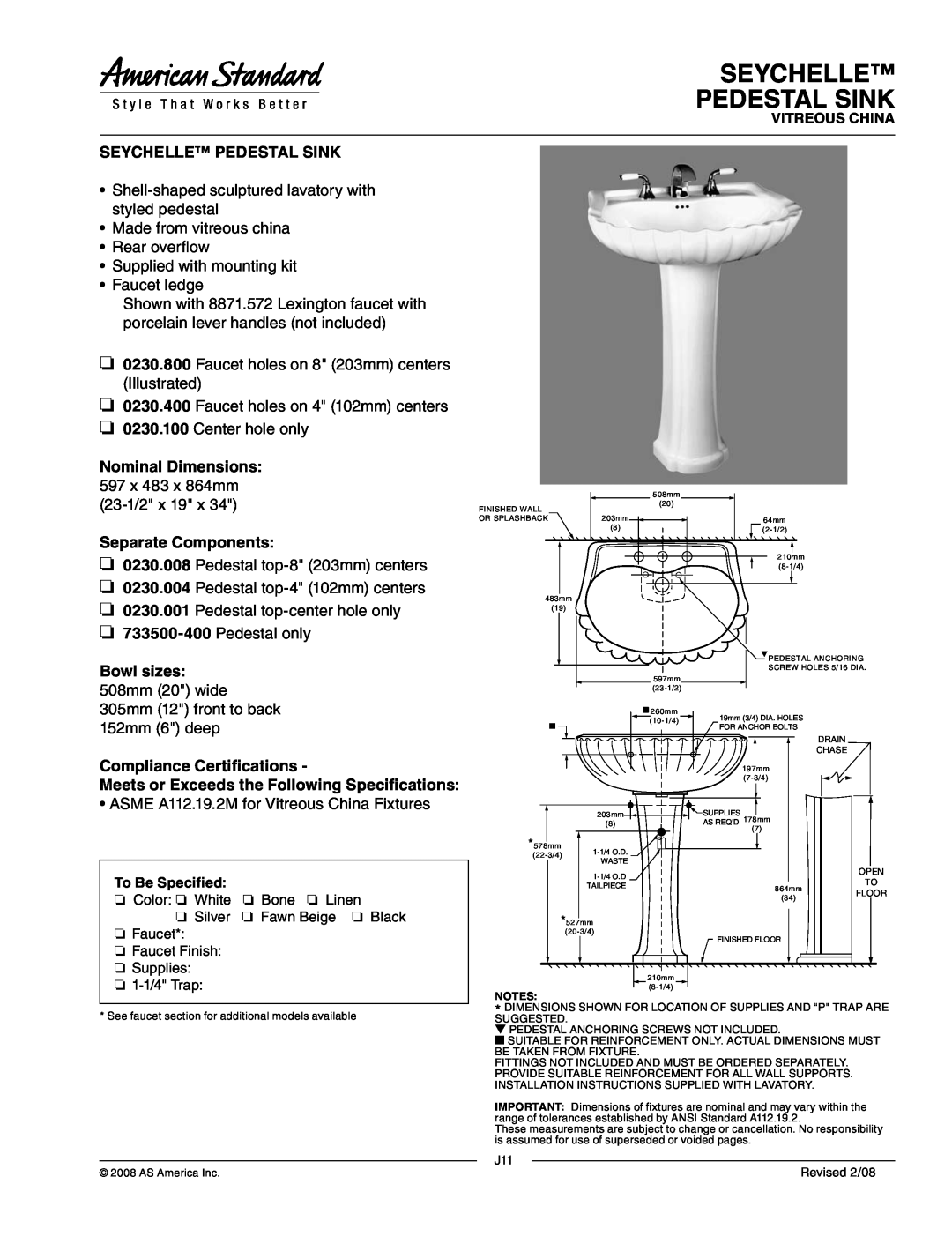 American Standard 0230.400, 0230.001, 0230.100 dimensions Seychelle Pedestal Sink, Separate Components, 0230.008, 0230.004 