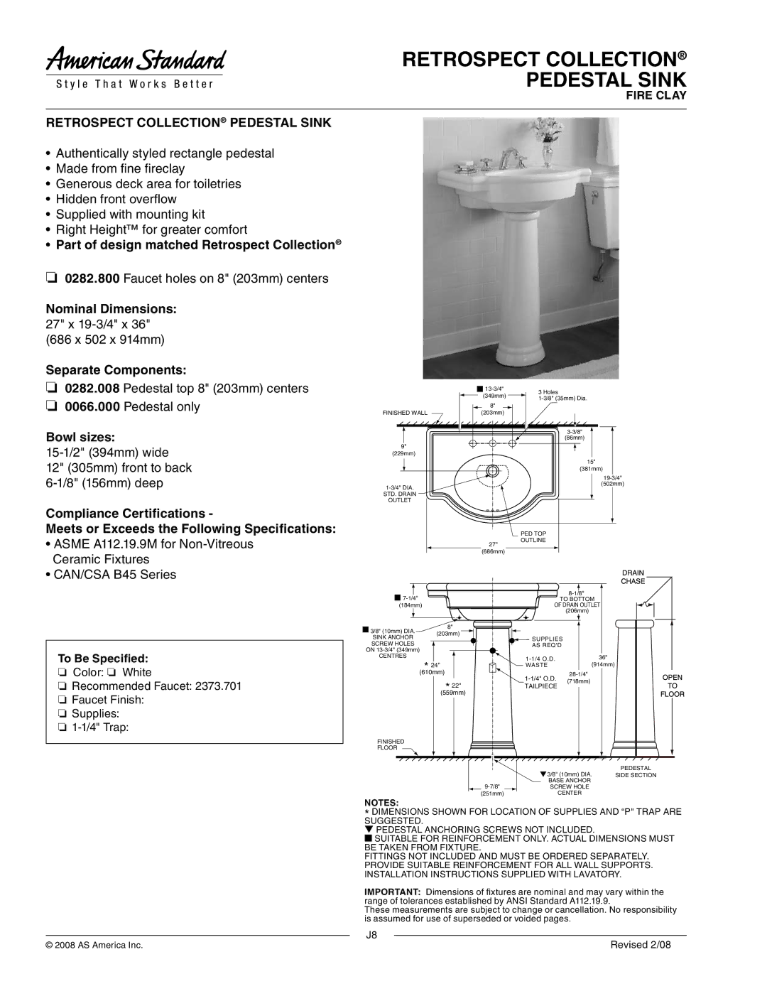 American Standard 0066.000, 0282.800 dimensions Retrospect Collection Pedestal Sink 