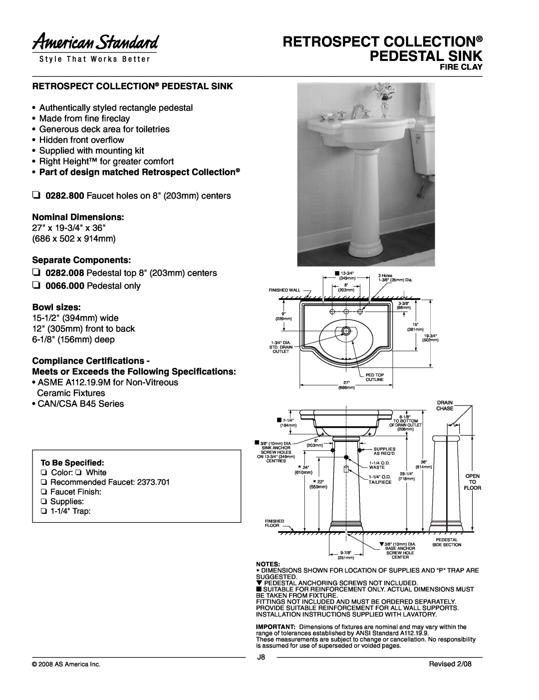 American Standard 0066.000 dimensions Retrospect Collection Pedestal Sink, Part of design matched Retrospect Collection 