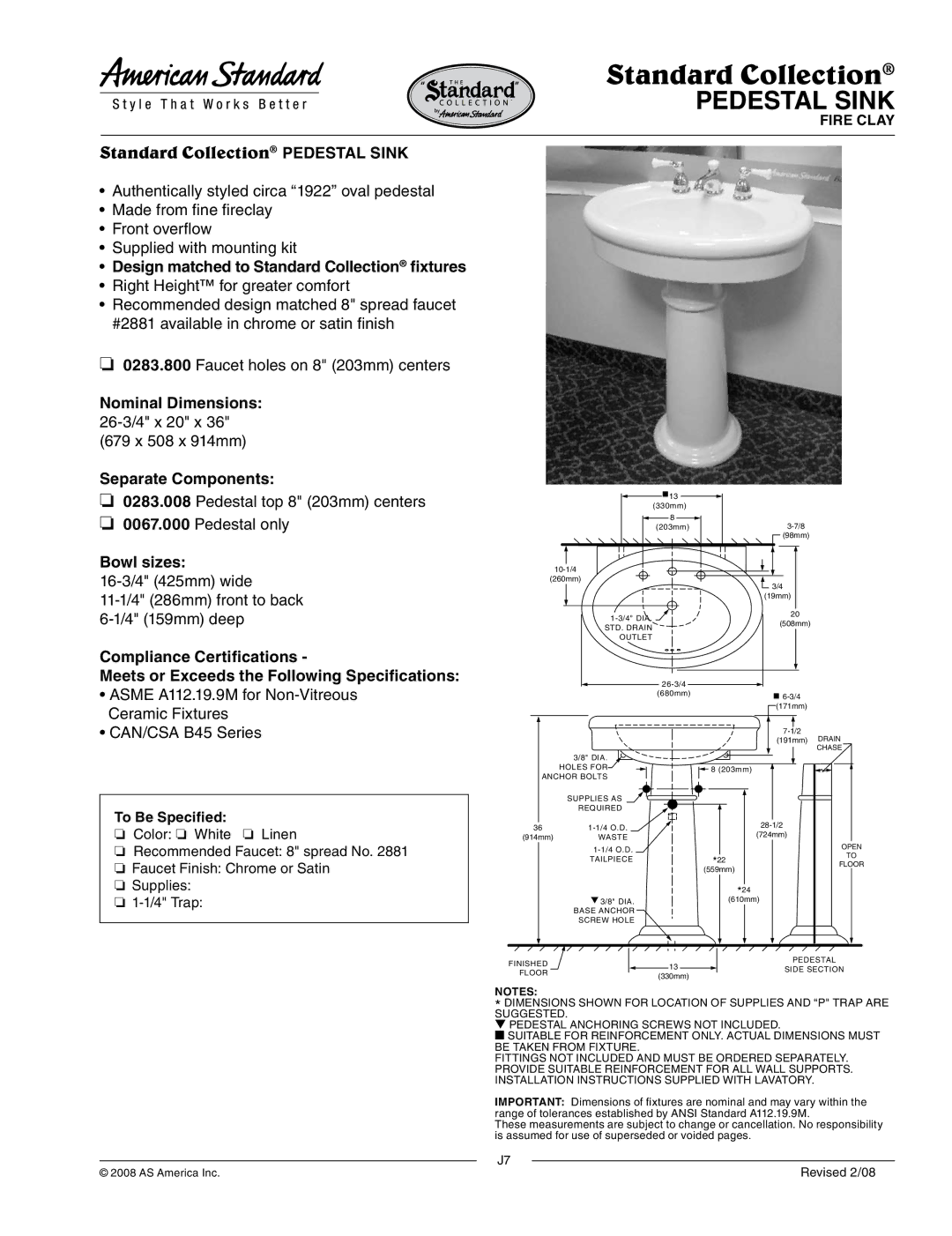 American Standard 0283.800 dimensions Standard Collection Pedestal Sink 