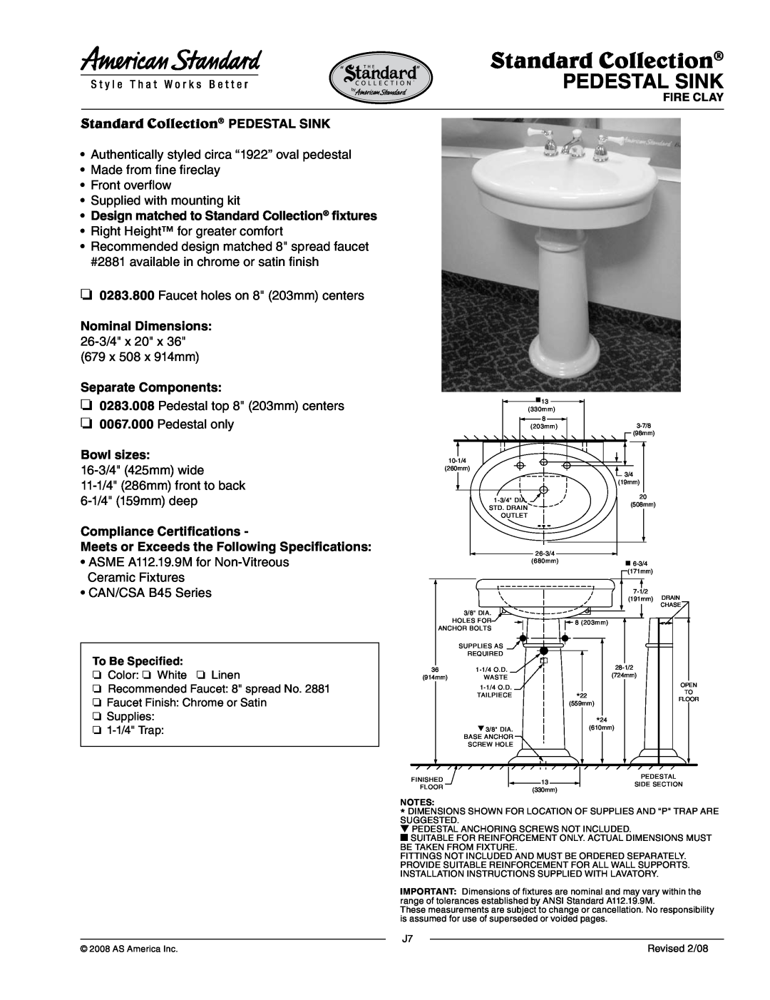 American Standard 0283.800 dimensions Pedestal Sink, Standard Collection PEDESTAL SINK, Nominal Dimensions 26-3/4x 