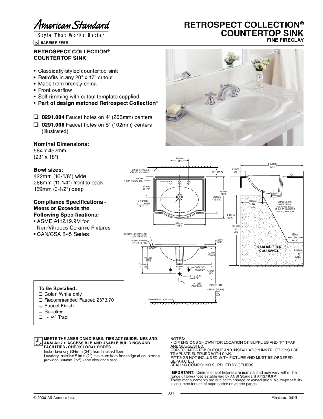 American Standard 0291.004, 0291.008 dimensions Retrospect Collection Countertop Sink, To Be Specified 