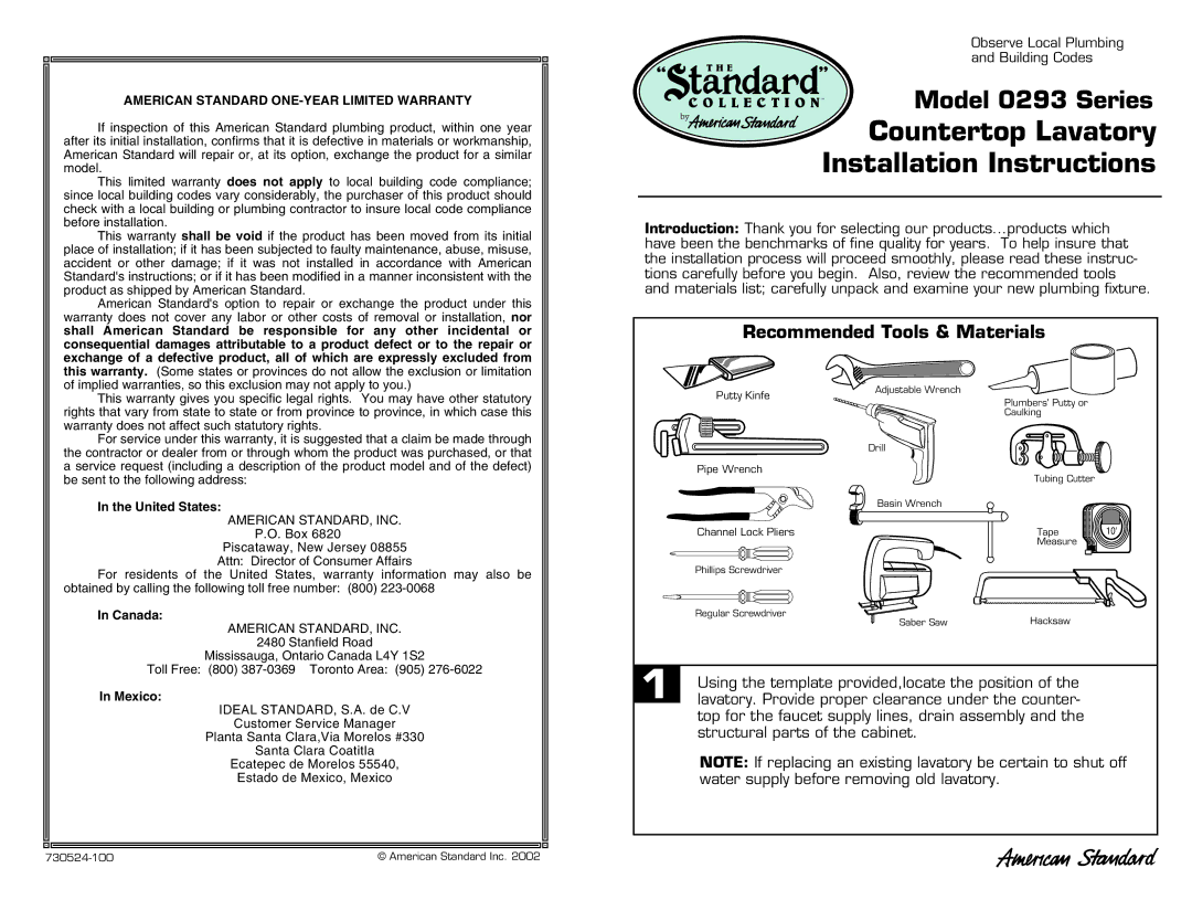 American Standard 0293 Series installation instructions Countertop Lavatory Installation Instructions 