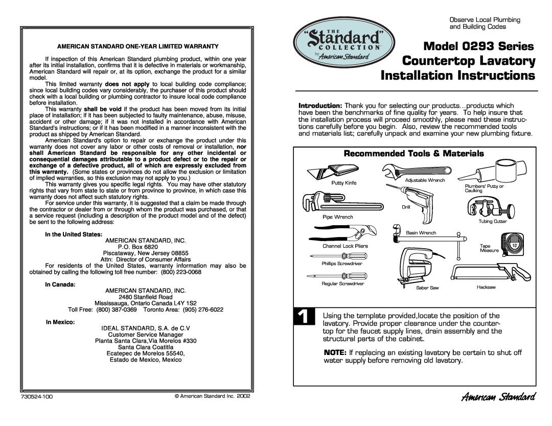American Standard installation instructions Countertop Lavatory Installation Instructions, Model 0293 Series 