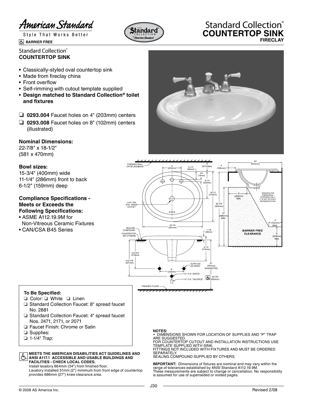 American Standard 0293.008, 0293.004 dimensions Standard Collection 