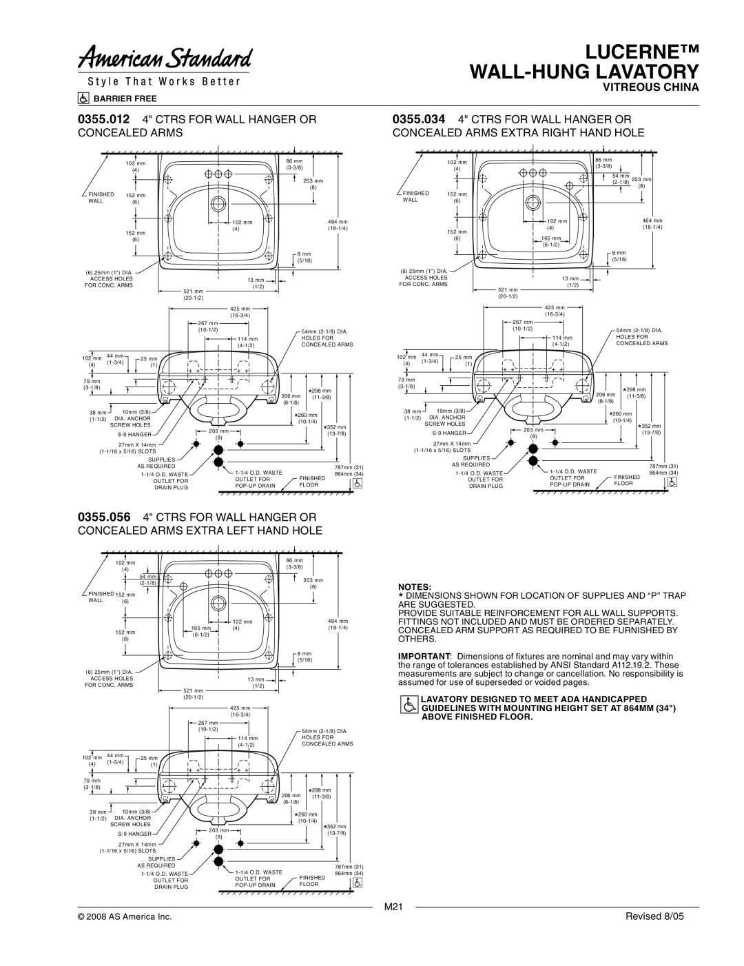 American Standard 0356.137, 0356.421, 0356.073, 0356.037, 0355.034, 0356.028, 0355.056, 0355.012, 0356.041 M21 Revised 8/05 