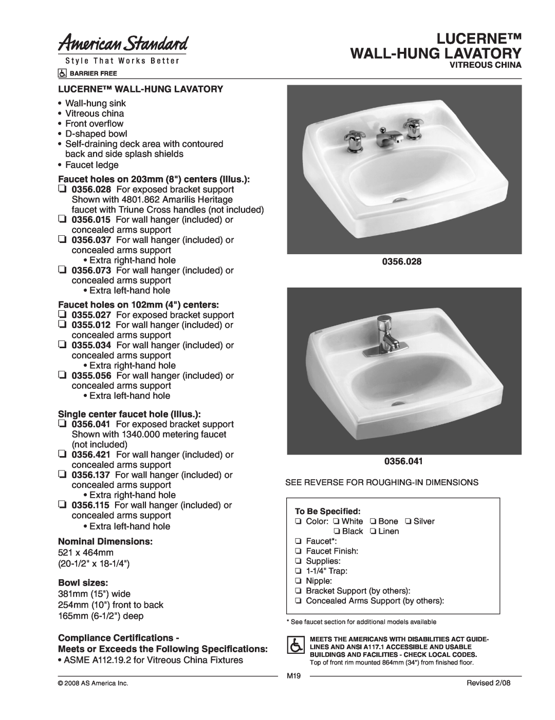 American Standard 0356.073 dimensions Lucerne Wall-Hunglavatory, Faucet holes on 203mm 8 centers Illus, Nominal Dimensions 