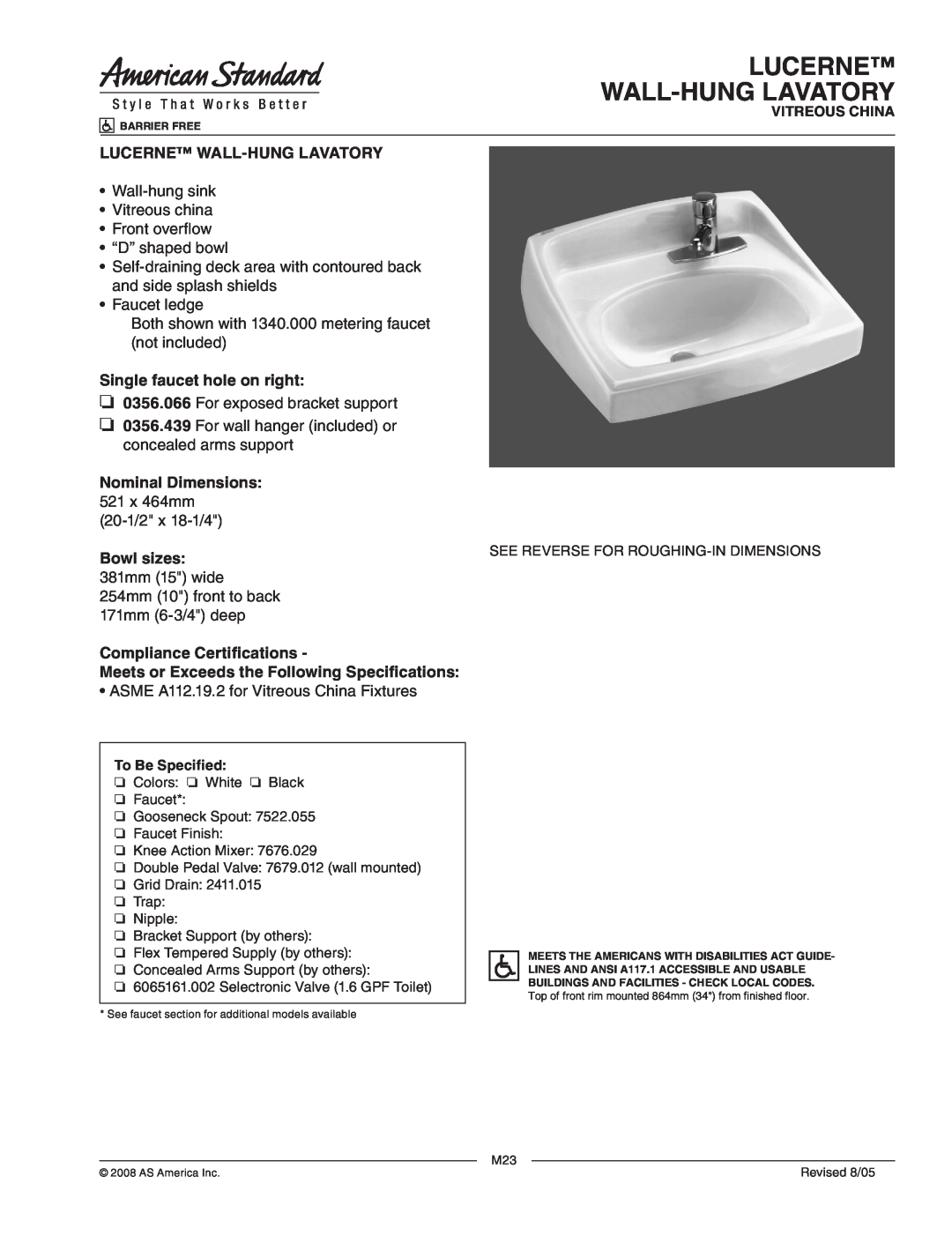 American Standard 0356.066, 0356.439 dimensions Lucerne Wall-Hunglavatory, Single faucet hole on right, Bowl sizes 