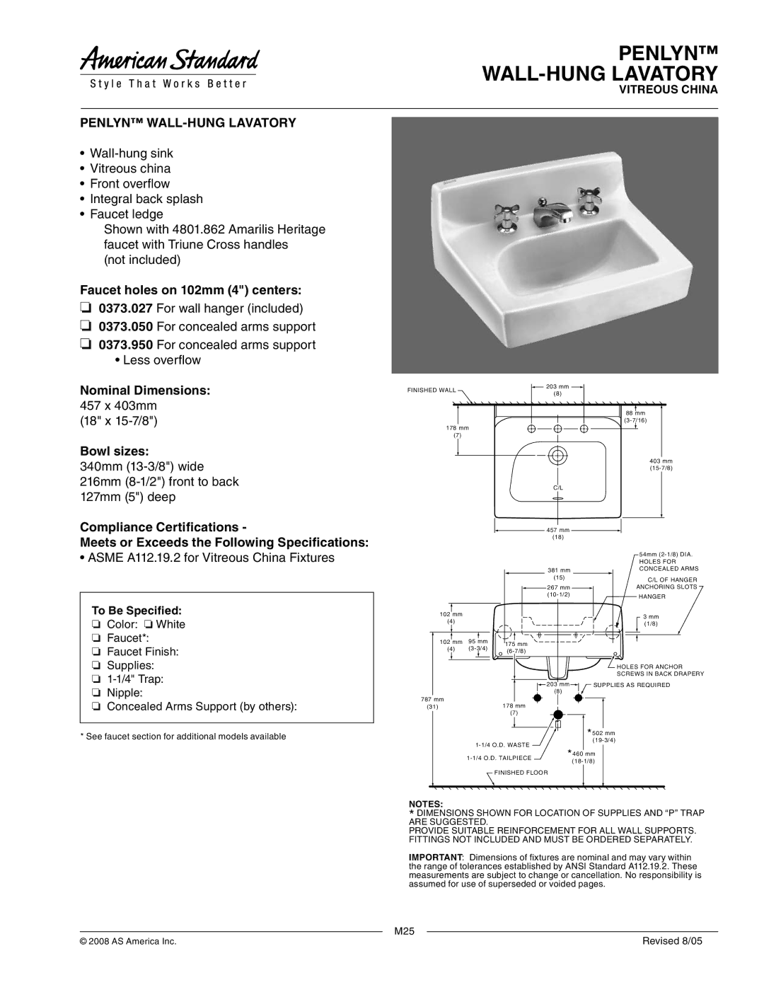 American Standard 0373.027, 0373.950, 0373.050 dimensions Penlyn WALL-HUNG Lavatory, 457 x 403mm 18 x 15-7/8 