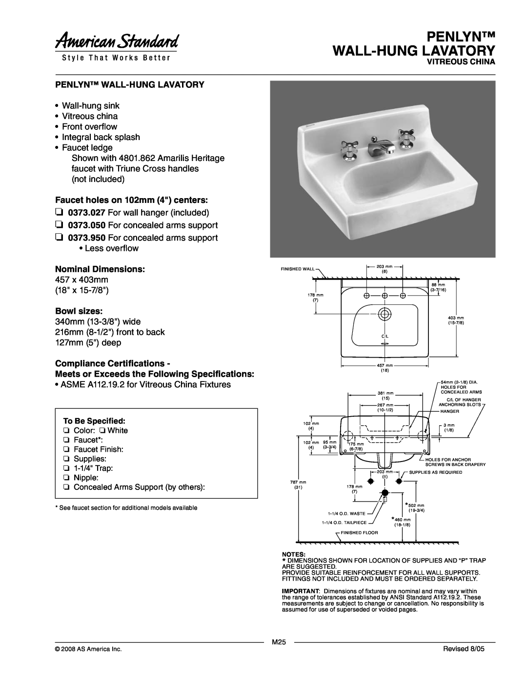 American Standard 0373.027 dimensions Penlyn Wall-Hunglavatory, Faucet holes on 102mm 4 centers, Nominal Dimensions 