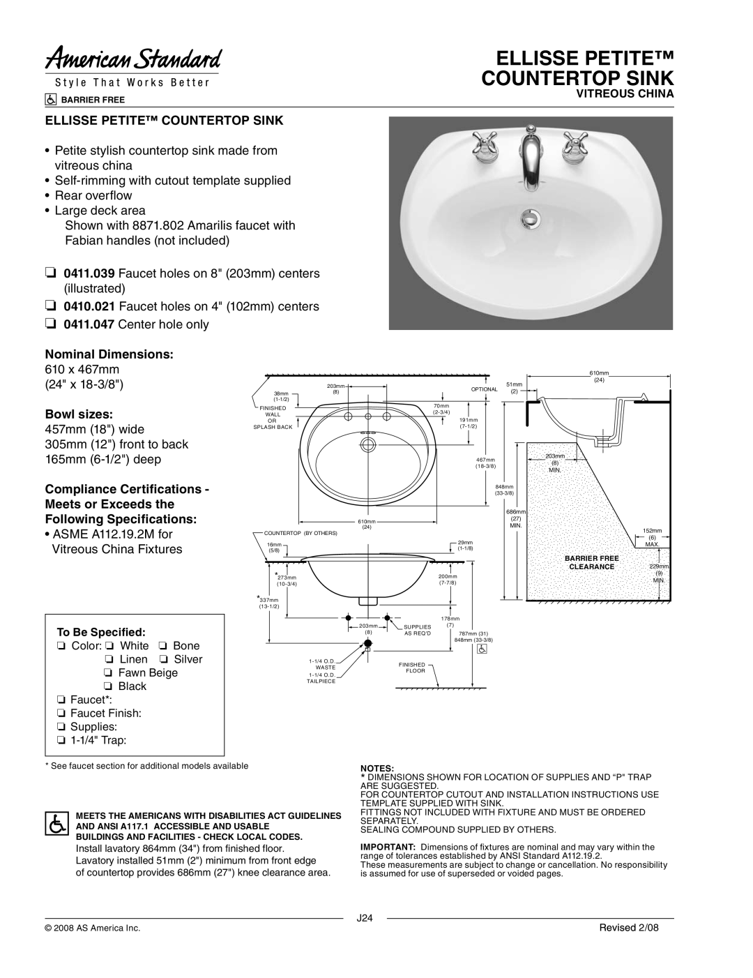 American Standard 0411.047, 0411.039, 0410.021 dimensions Ellisse Petite Countertop Sink, 24 x 18-3/8, To Be Specified 