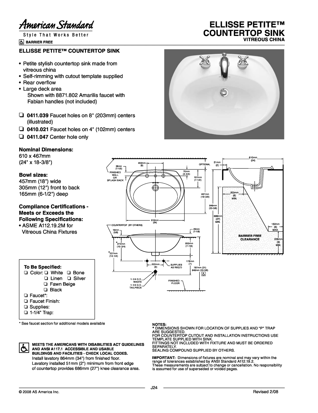 American Standard 0411.047, 0411.039 dimensions Ellisse Petite Countertop Sink, Self-rimmingwith cutout template supplied 