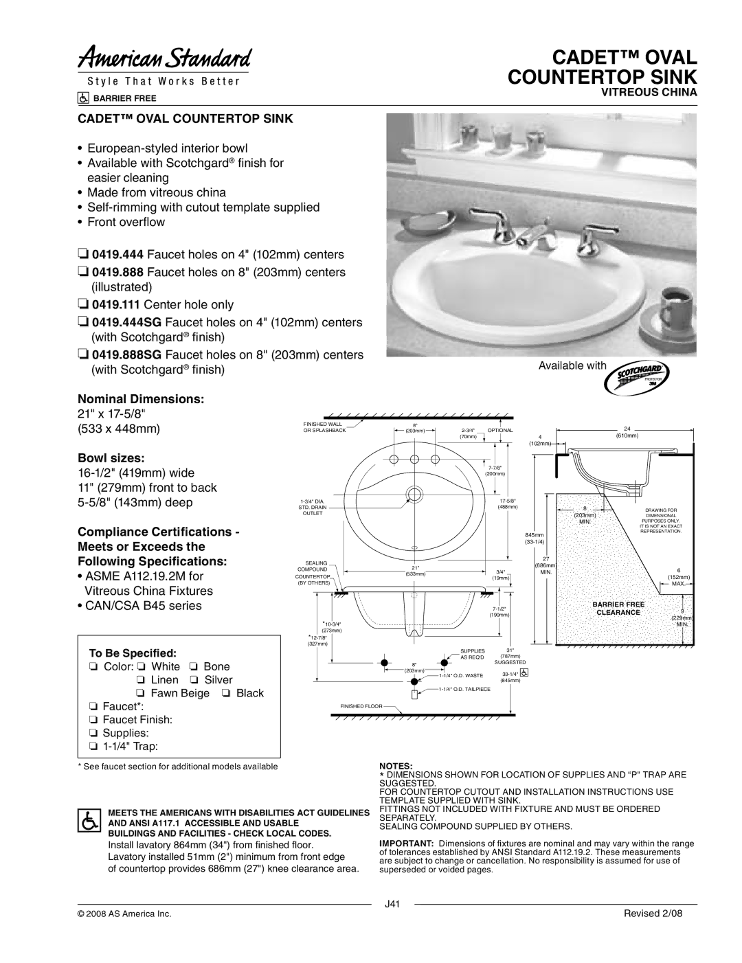 American Standard 0419.111, 0419.444sg, 0419.888 dimensions Cadet Oval Countertop Sink 