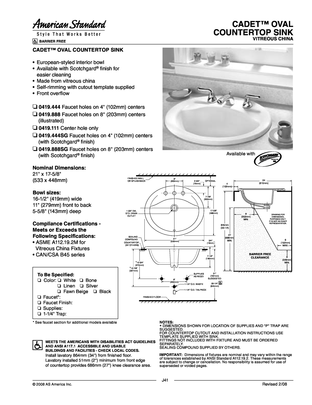 American Standard 0419.111 dimensions Cadet Oval Countertop Sink, 0419.444, 0419.888, Nominal Dimensions 21 x 17-5/8 