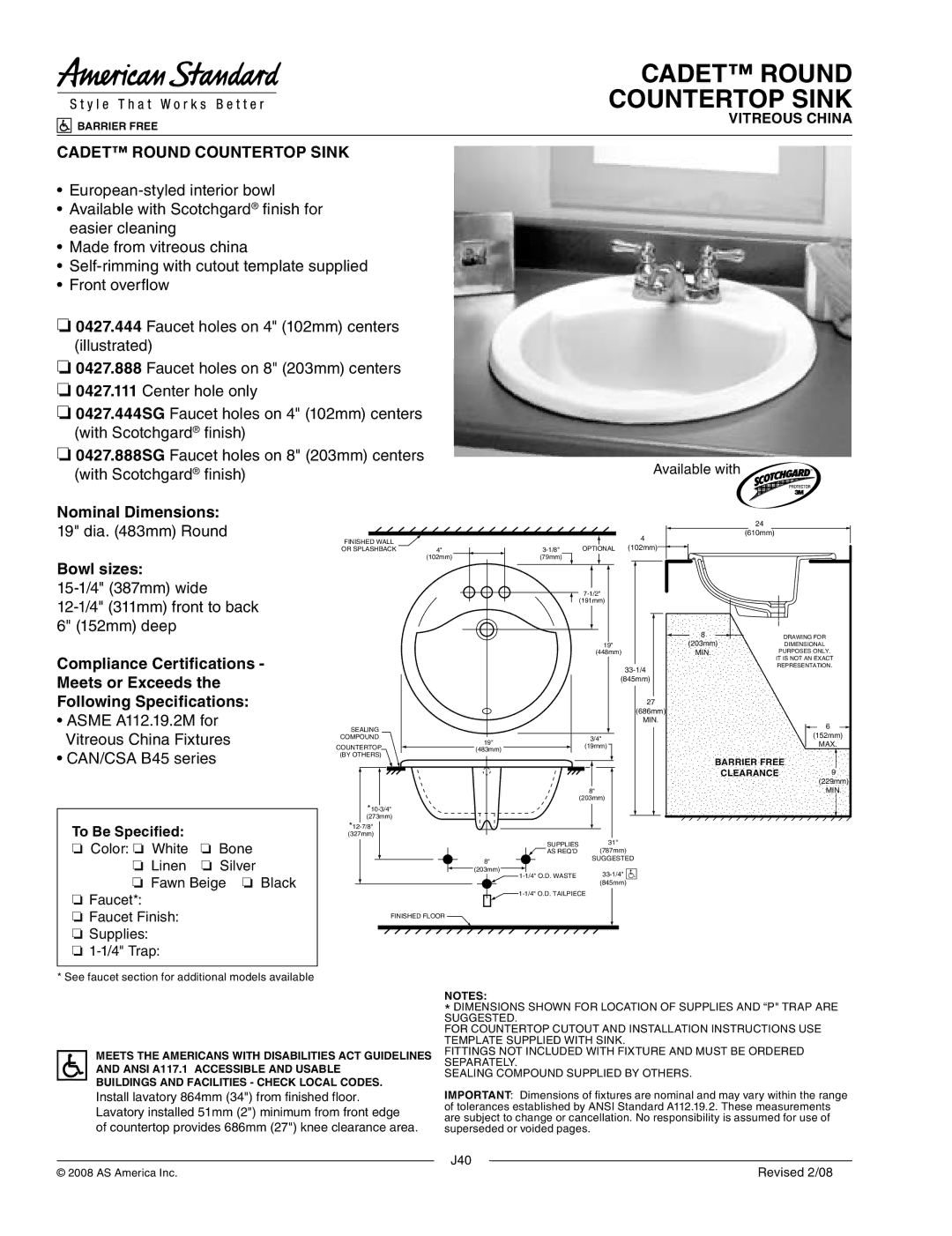 American Standard 0427.444 dimensions Cadet Round Countertop Sink, To Be Specified 