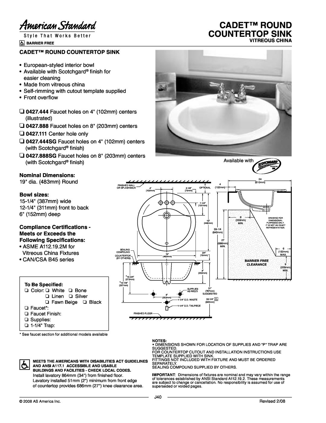 American Standard 0427.444 dimensions Cadet Round Countertop Sink, Nominal Dimensions, Bowl sizes 