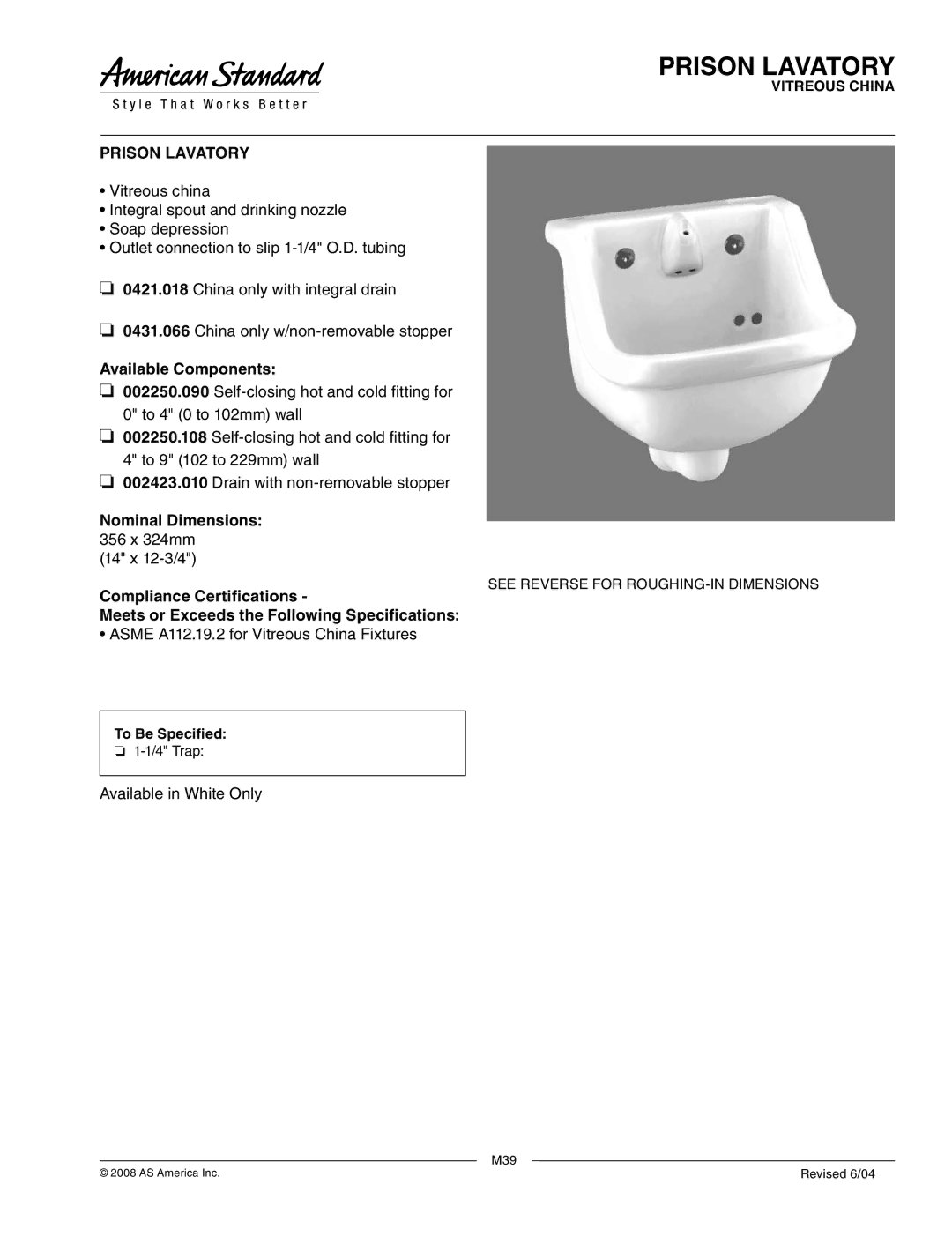 American Standard 0421.018, 0431.066 dimensions Prison Lavatory 