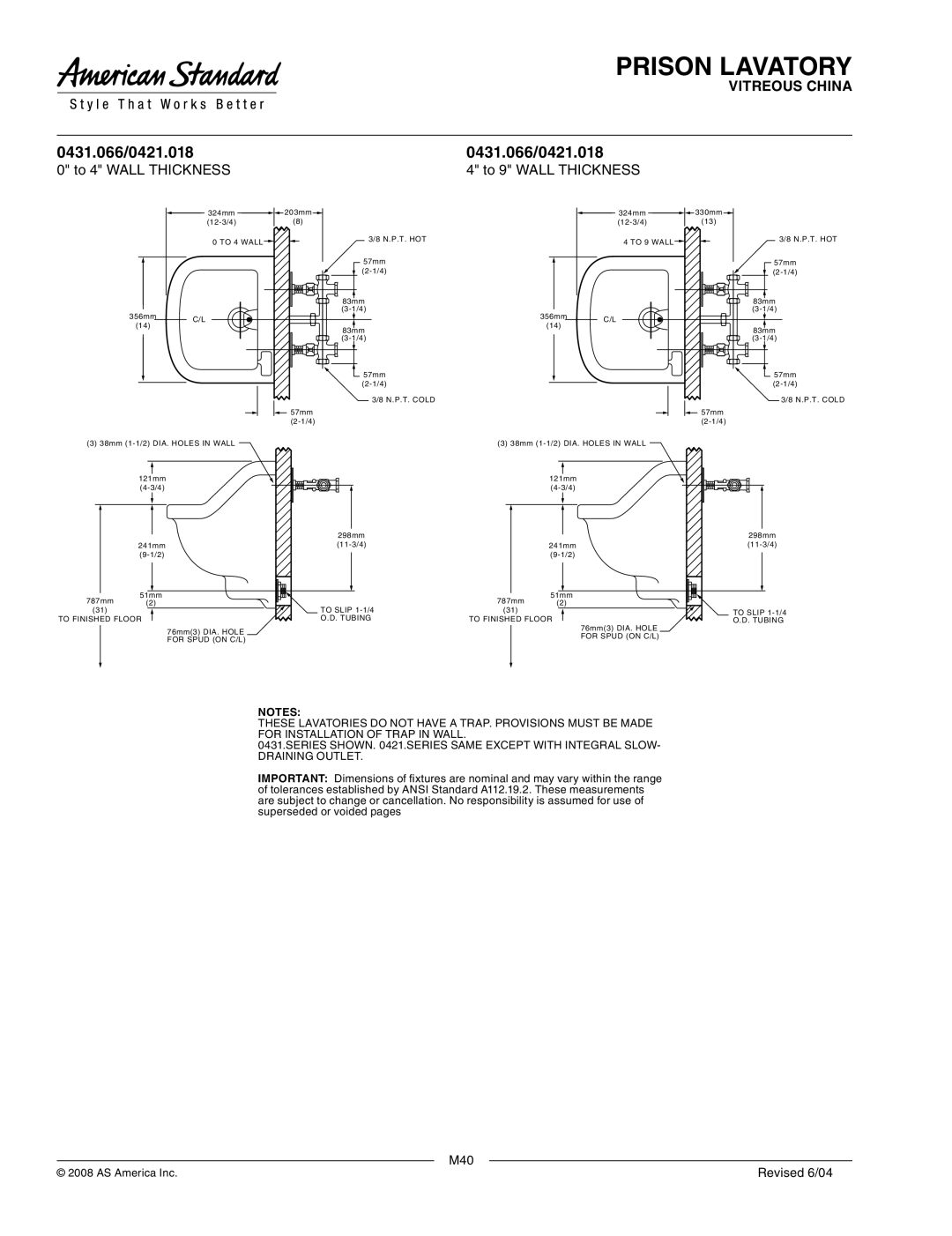 American Standard dimensions 0431.066/0421.018, To 4 Wall Thickness To 9 Wall Thickness 