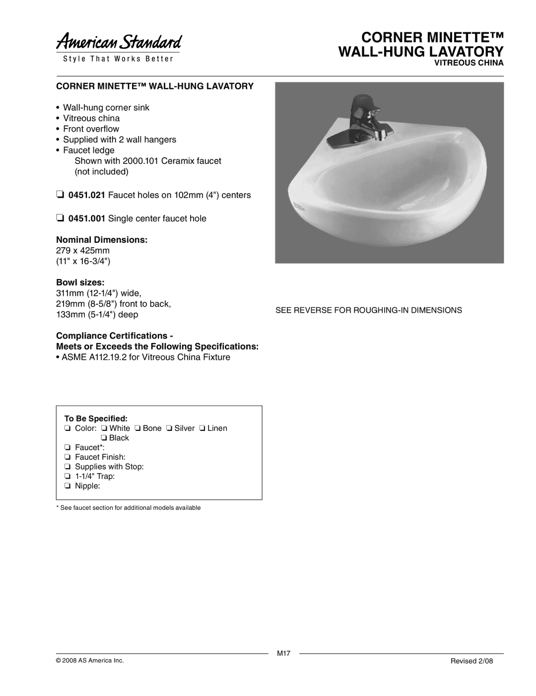 American Standard 0451.001, 0451.021 dimensions Corner Minette WALL-HUNG Lavatory, Nominal Dimensions, Bowl sizes 