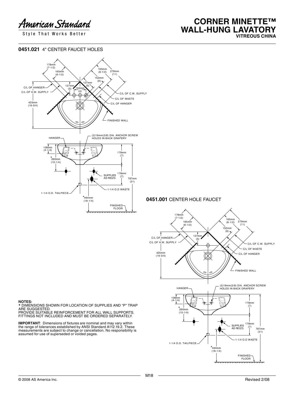 American Standard 0451.001 dimensions 0451.021 4 Center Faucet Holes, Center Hole Faucet 