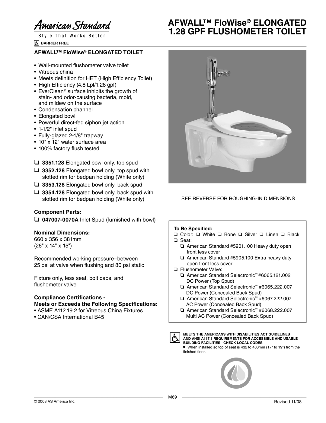 American Standard 3353.128, 047007-0070A dimensions Afwall FloWise Elongated 1.28 GPF Flushometer Toilet, Component Parts 