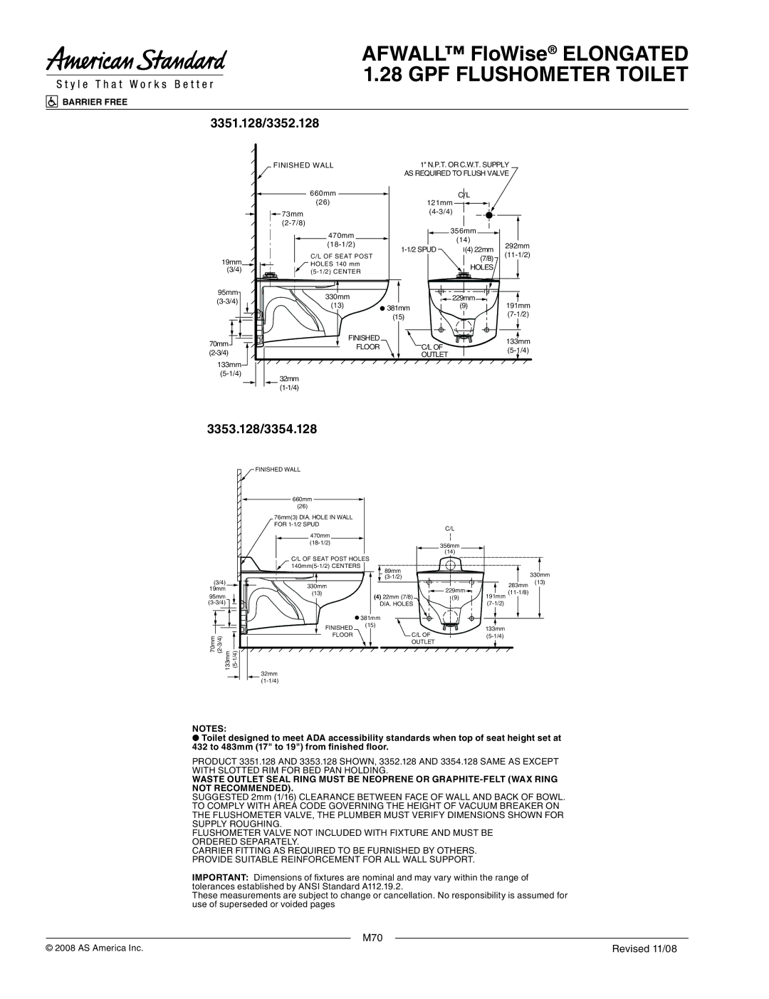 American Standard 047007-0070A dimensions 3351.128/3352.128, 3353.128/3354.128 