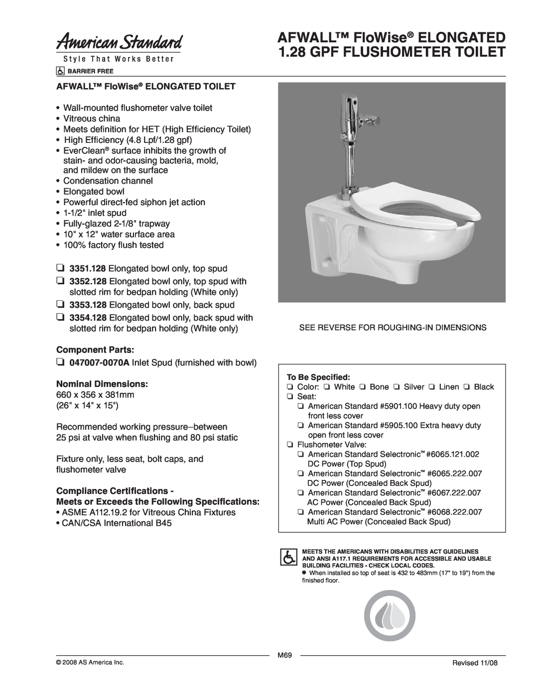 American Standard 3353.128 dimensions AFWALL FloWise ELONGATED TOILET, Component Parts, Compliance Certifications 