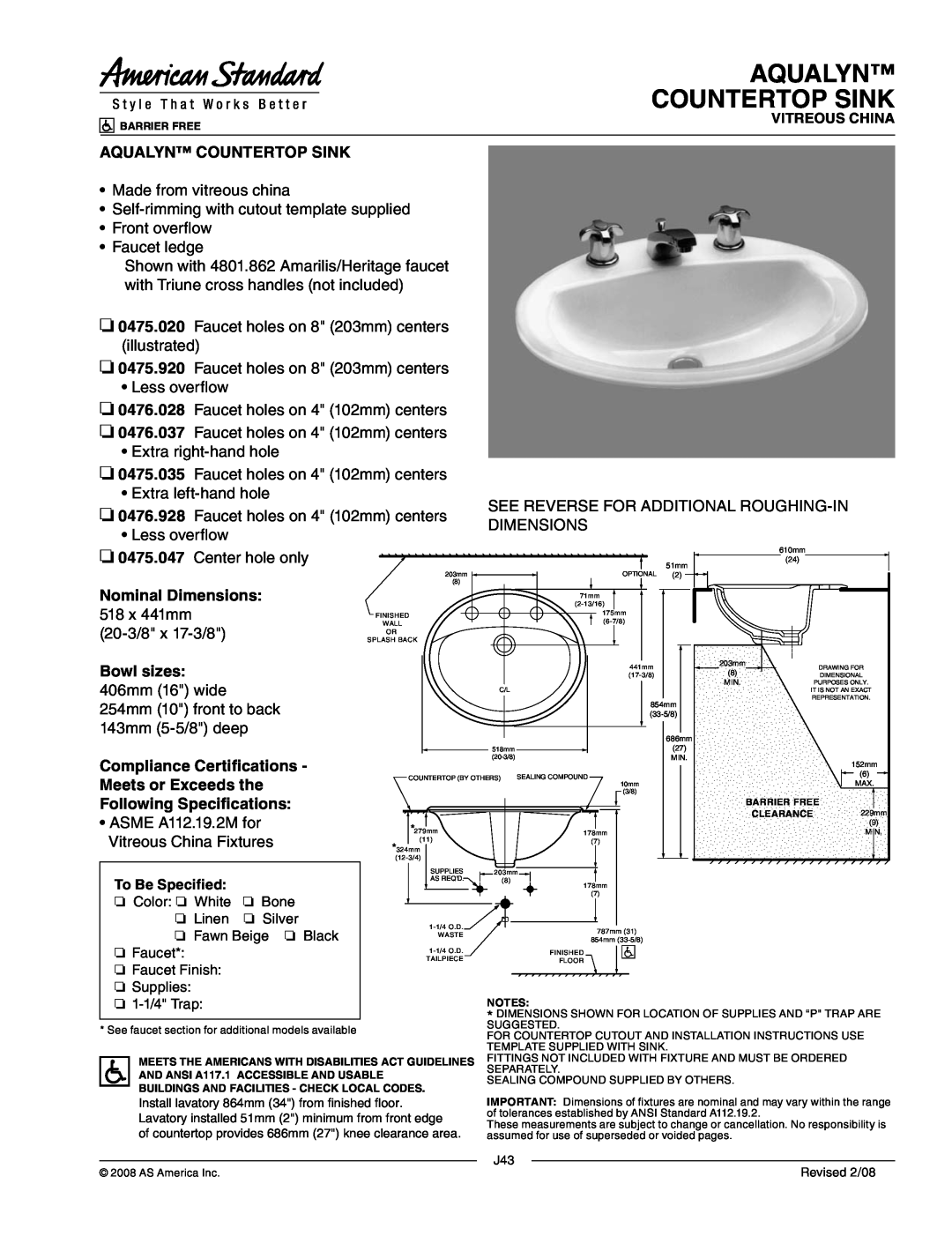 American Standard 0475.020 dimensions Aqualyn Countertop Sink, Nominal Dimensions, Bowl sizes, Compliance Certifications 