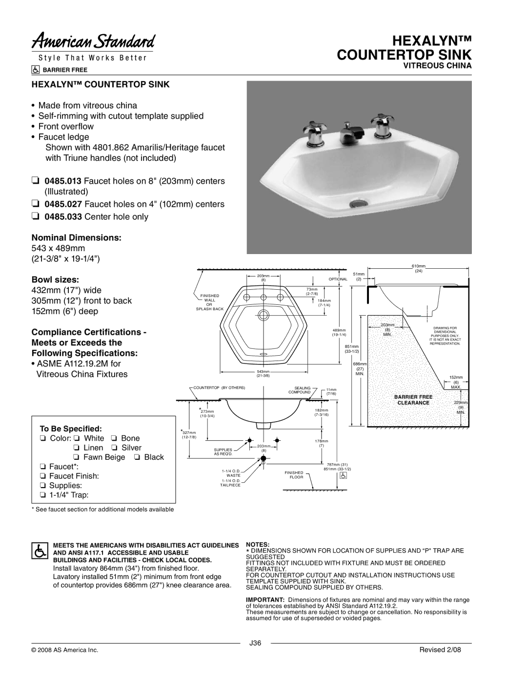 American Standard 0485.013, 0485.033, 0485.027 dimensions Hexalyn Countertop Sink 