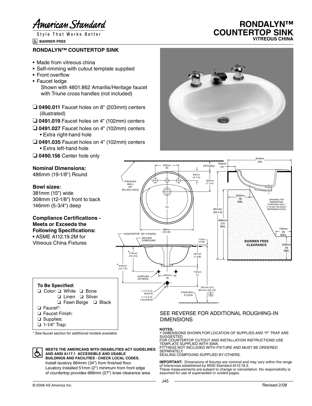 American Standard 0490.027, 0490.156, 0490.035 dimensions Nominal Dimensions, Bowl sizes, Compliance Certifications 