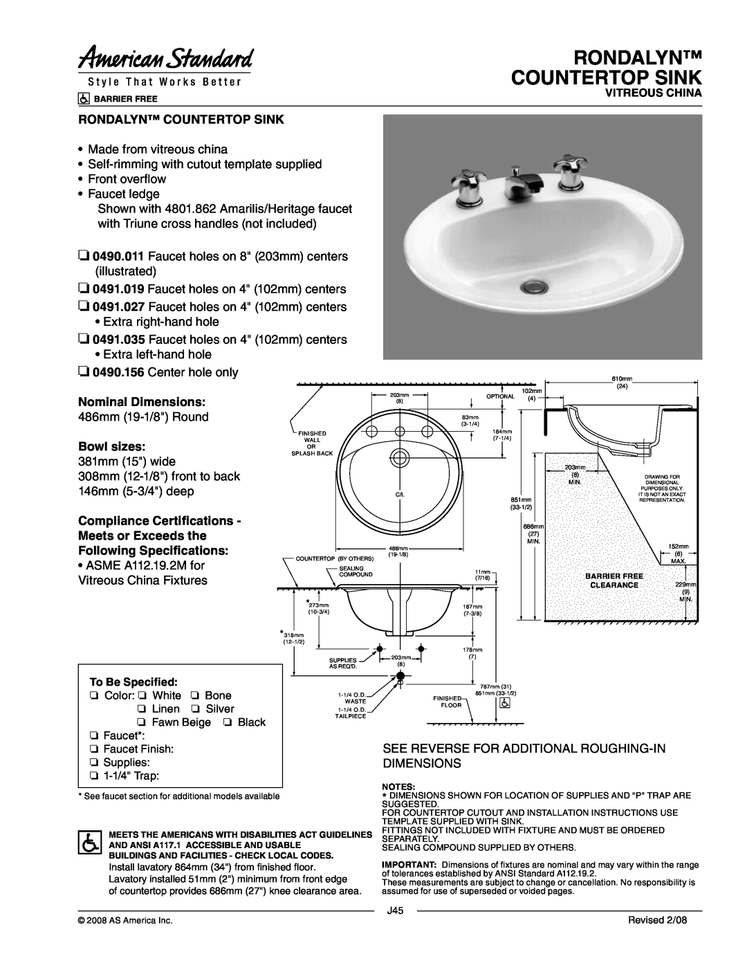 American Standard 0490.027 dimensions Rondalyn Countertop Sink, Nominal Dimensions, Bowl sizes, Compliance Certifications 
