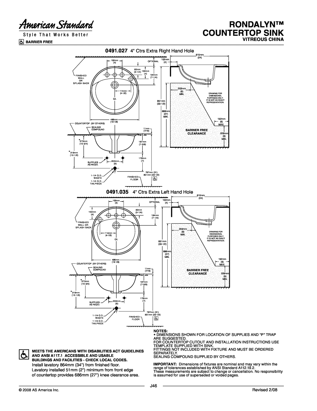 American Standard 0490.035 Rondalyn Countertop Sink, Vitreous China, 0491.027 4 Ctrs Extra Right Hand Hole, Revised 2/08 