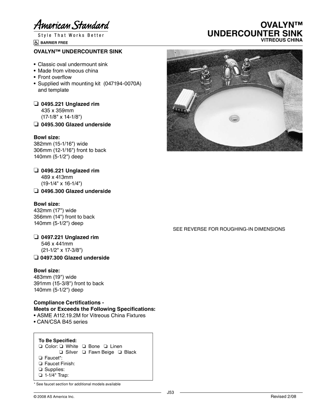 American Standard 0497.300, 0496.300, 0495.221, 0496.221, 0495.300, 0497.221 dimensions Ovalyn Undercounter Sink 