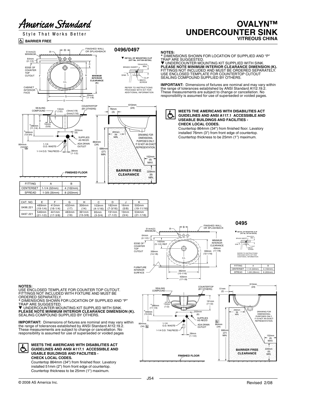 American Standard 0495.221 0496/0497, Please Note Minimum Interior Clearance Dimension K, Usable Buildings and Facilities 