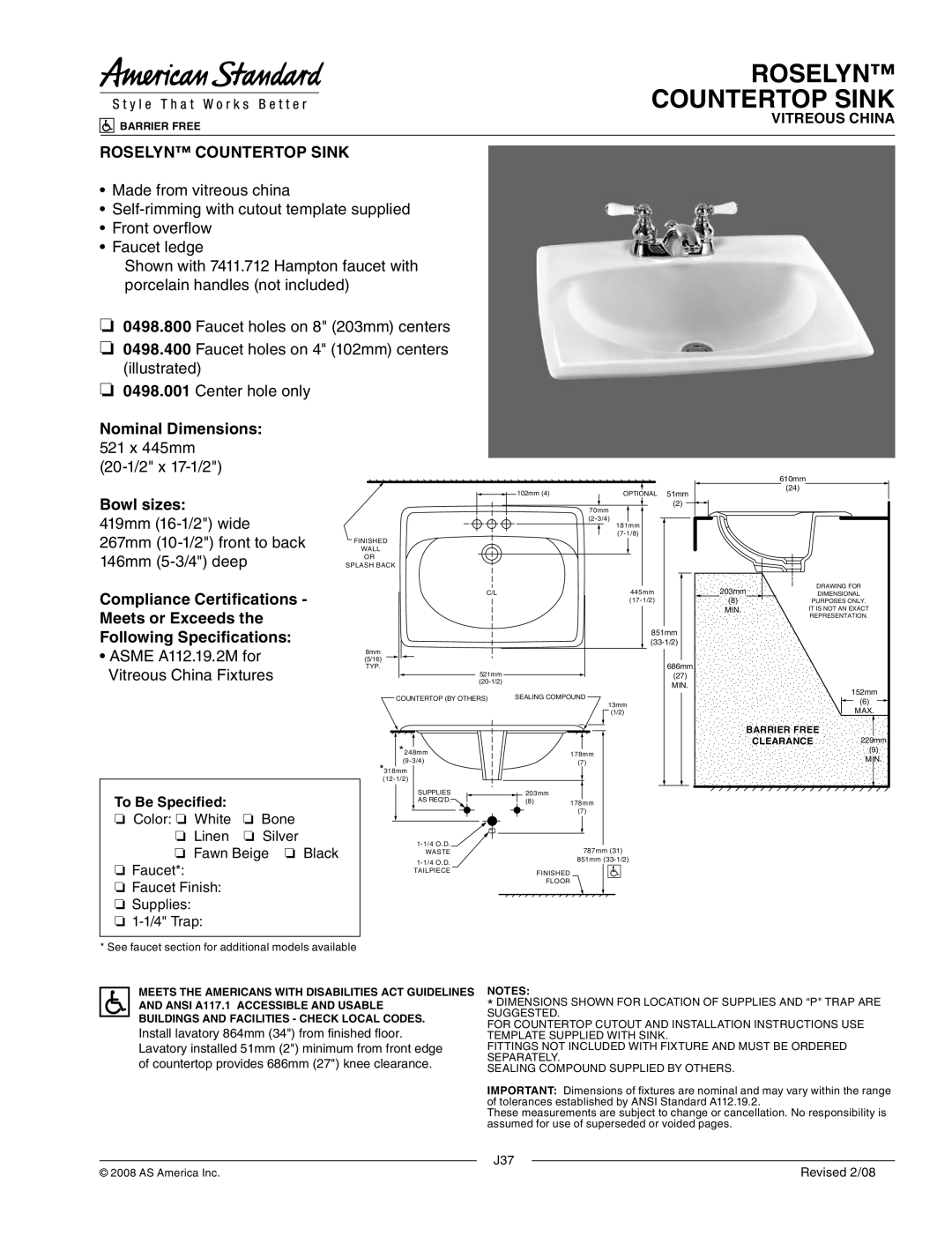 American Standard 0498.400, 0498.001, 0498.800 dimensions Roselyn Countertop Sink 