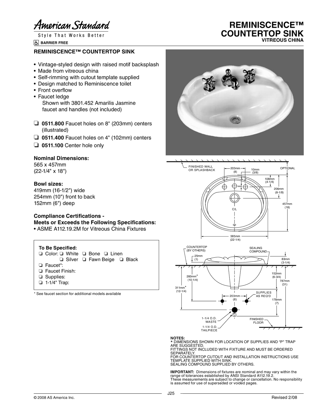 American Standard 0511.100 dimensions Reminiscence Countertop Sink, 22-1/4 x, Asme A112.19.2M for Vitreous China Fixtures 