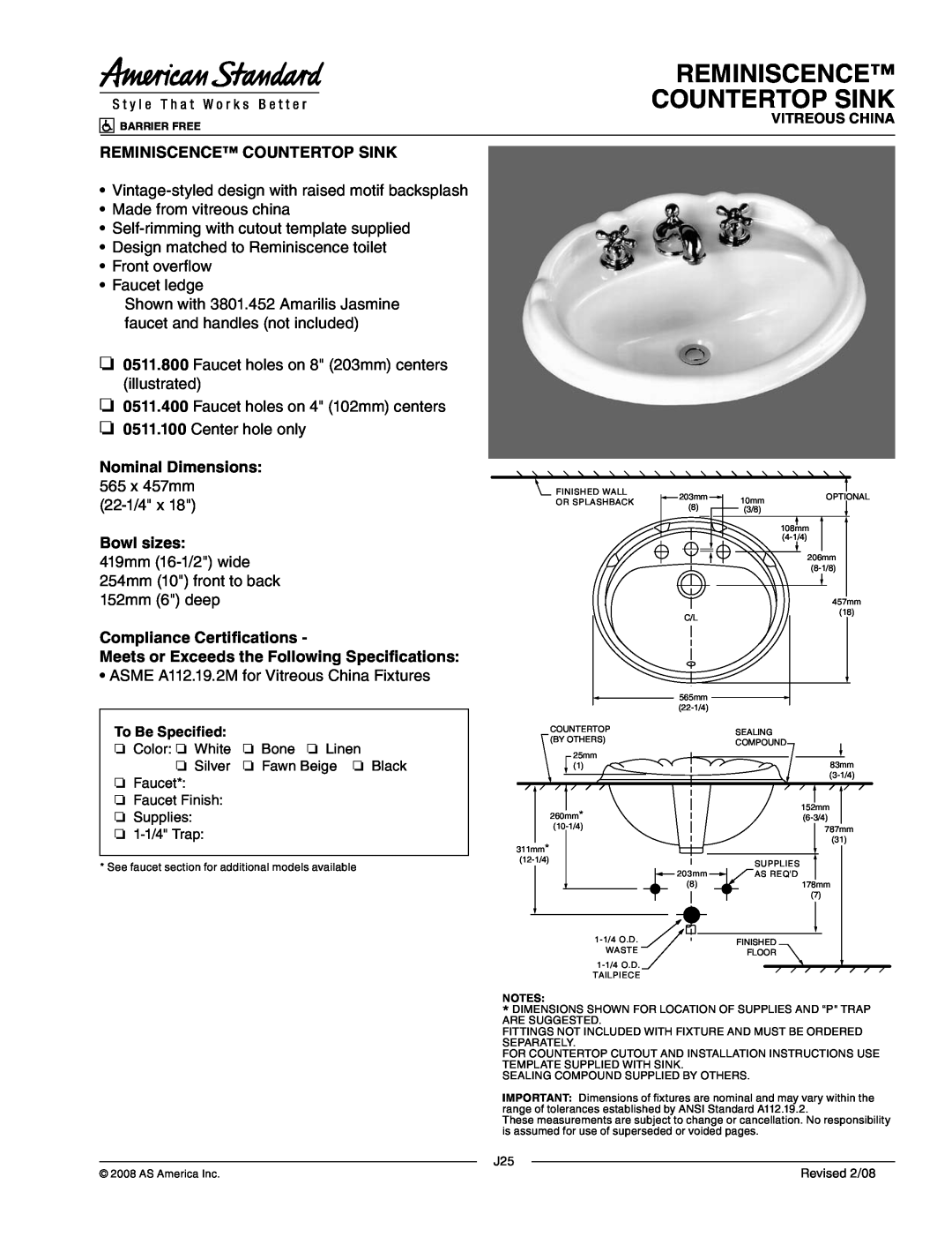 American Standard 0511.100, 0511.400 dimensions Reminiscence Countertop Sink, Nominal Dimensions 565 x 457mm, Bowl sizes 