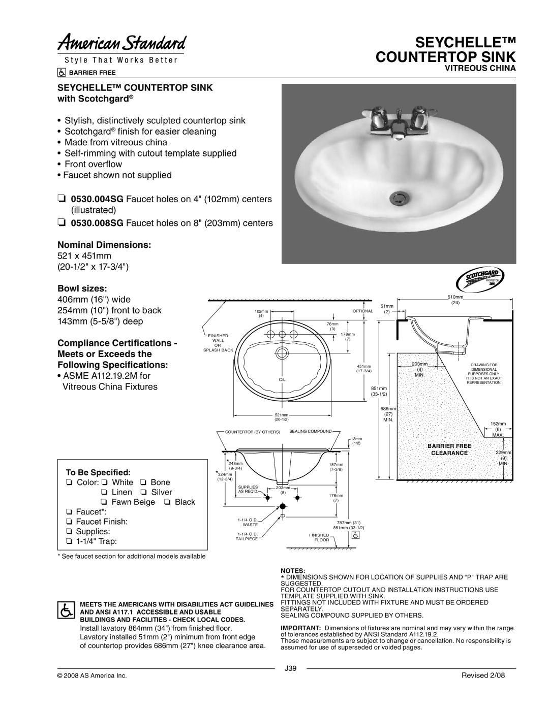 American Standard 0530.004SG, 0530.008SG dimensions Seychelle Countertop Sink 