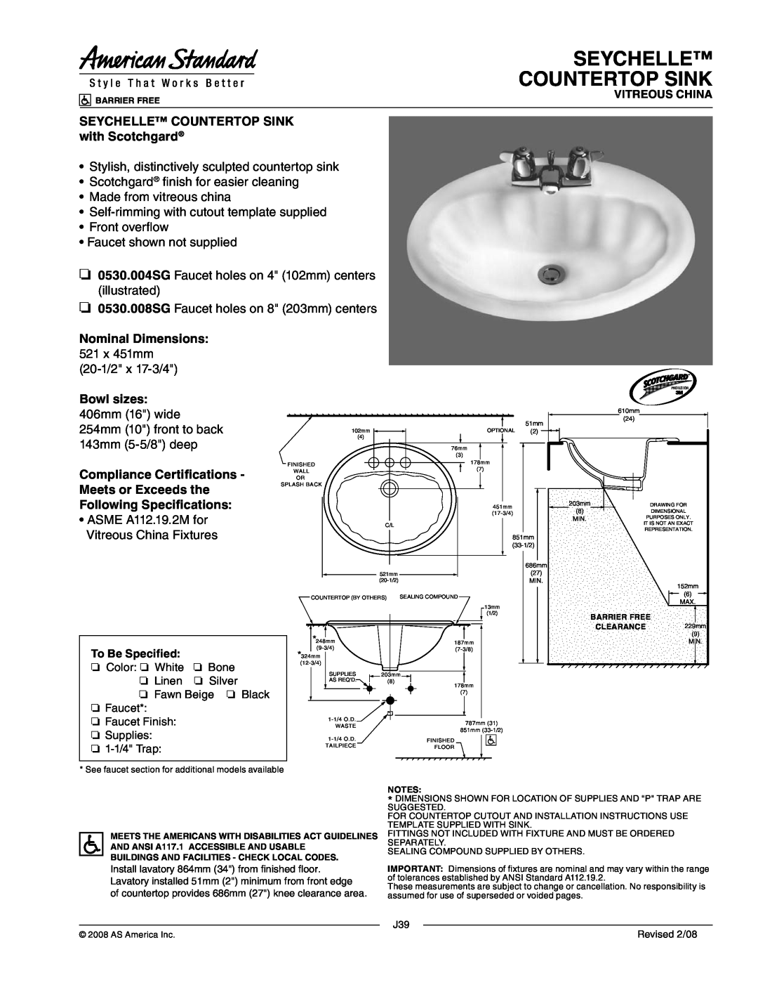 American Standard 0530.004SG dimensions Seychelle Countertop Sink, SEYCHELLE COUNTERTOP SINK with Scotchgard, Bowl sizes 