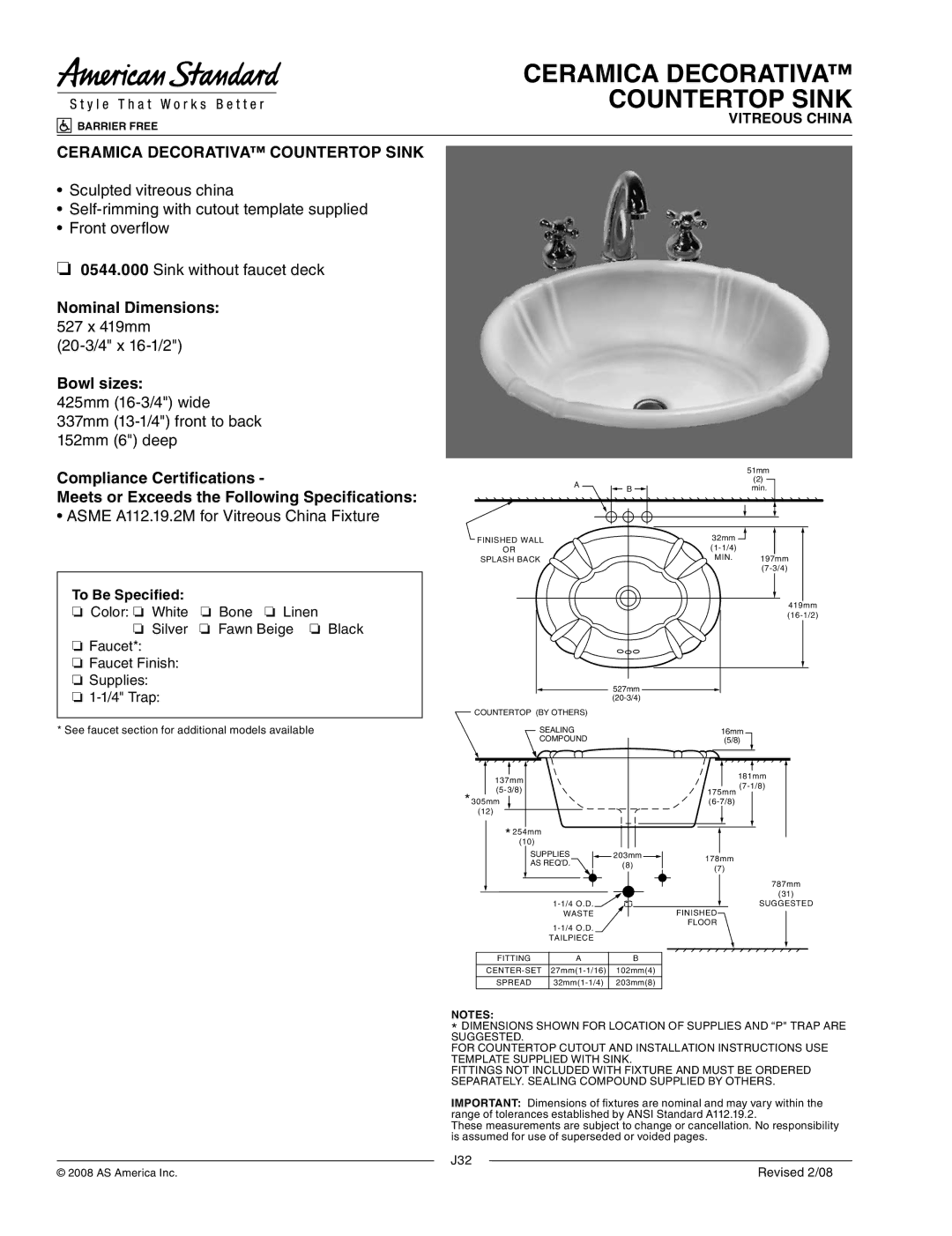 American Standard 0544.000 dimensions Ceramica Decorativa Countertop Sink, 20-3/4 x 16-1/2 