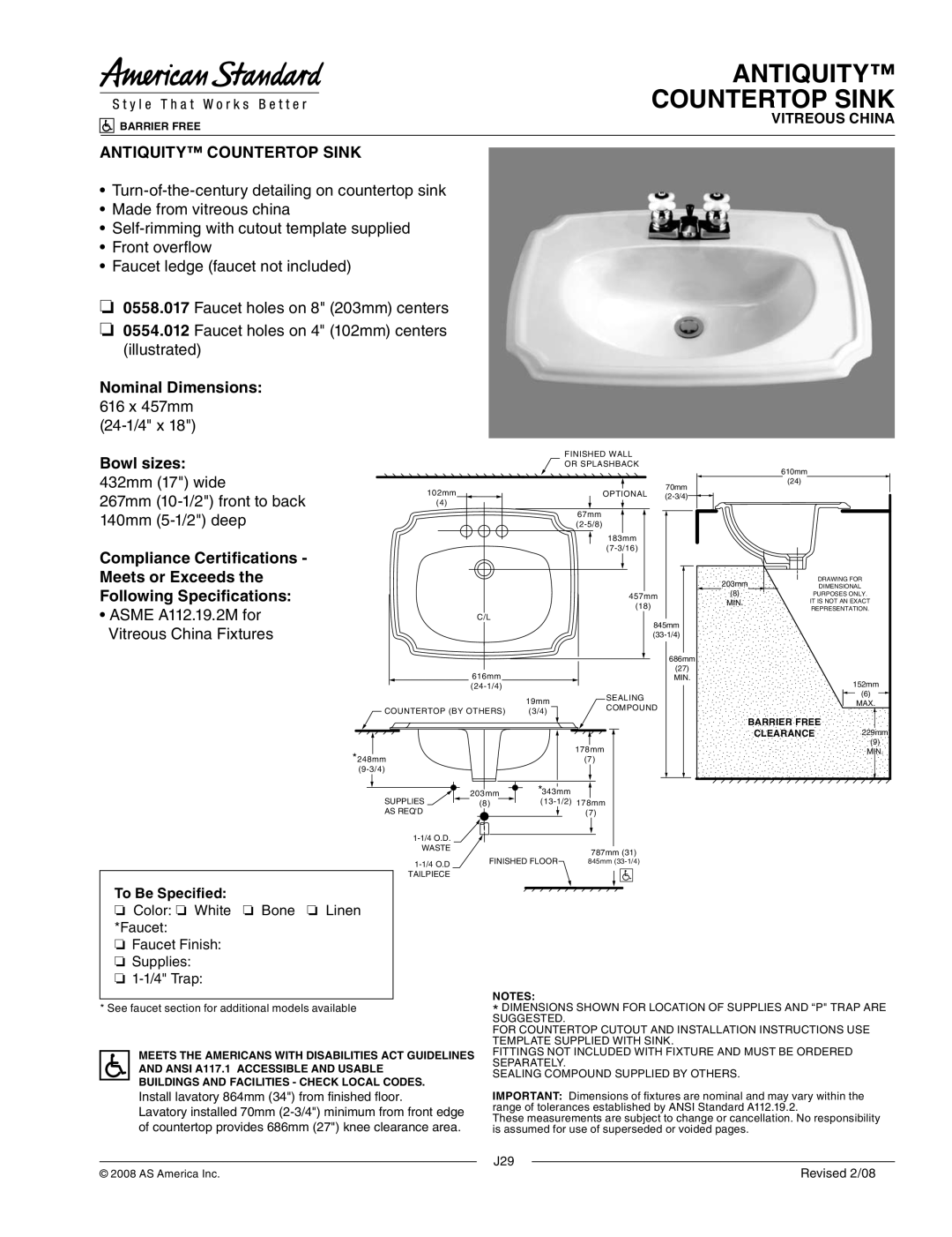 American Standard 0558.017, 0554.012 dimensions Antiquity Countertop Sink 