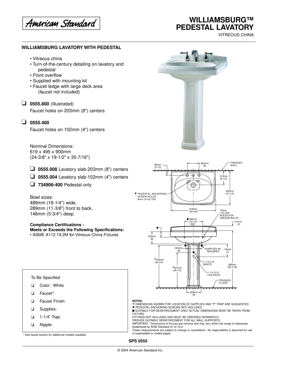 American Standard 0555.400, 0555.800 dimensions Williamsburg Pedestal Lavatory, Williamsburg Lavatory With Pedestal 