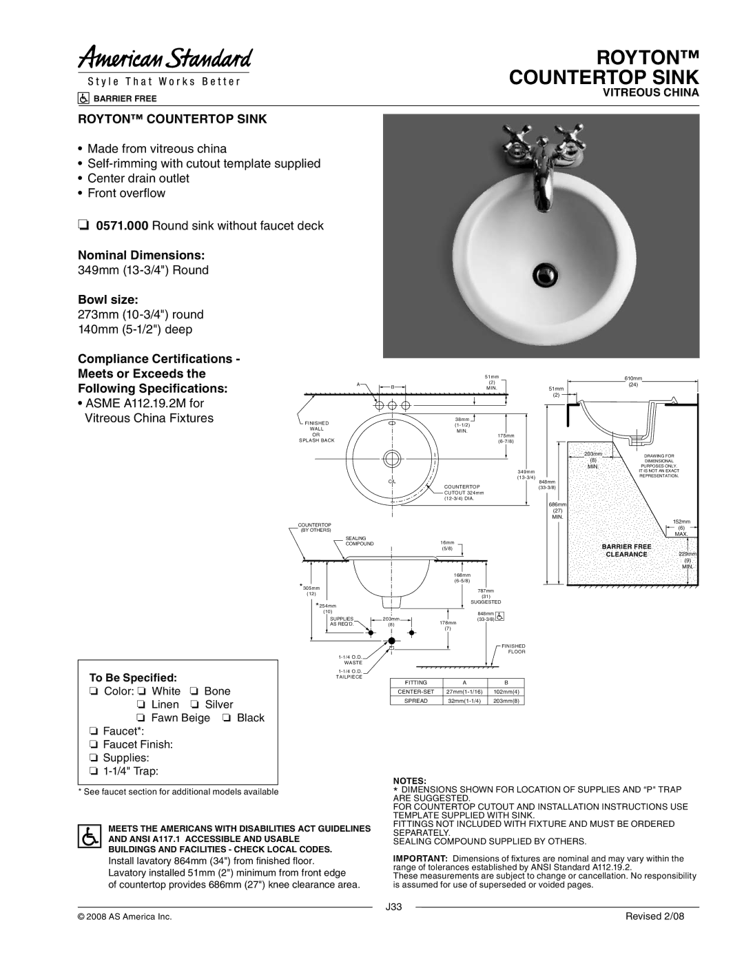 American Standard 0571.000 dimensions Royton Countertop Sink 