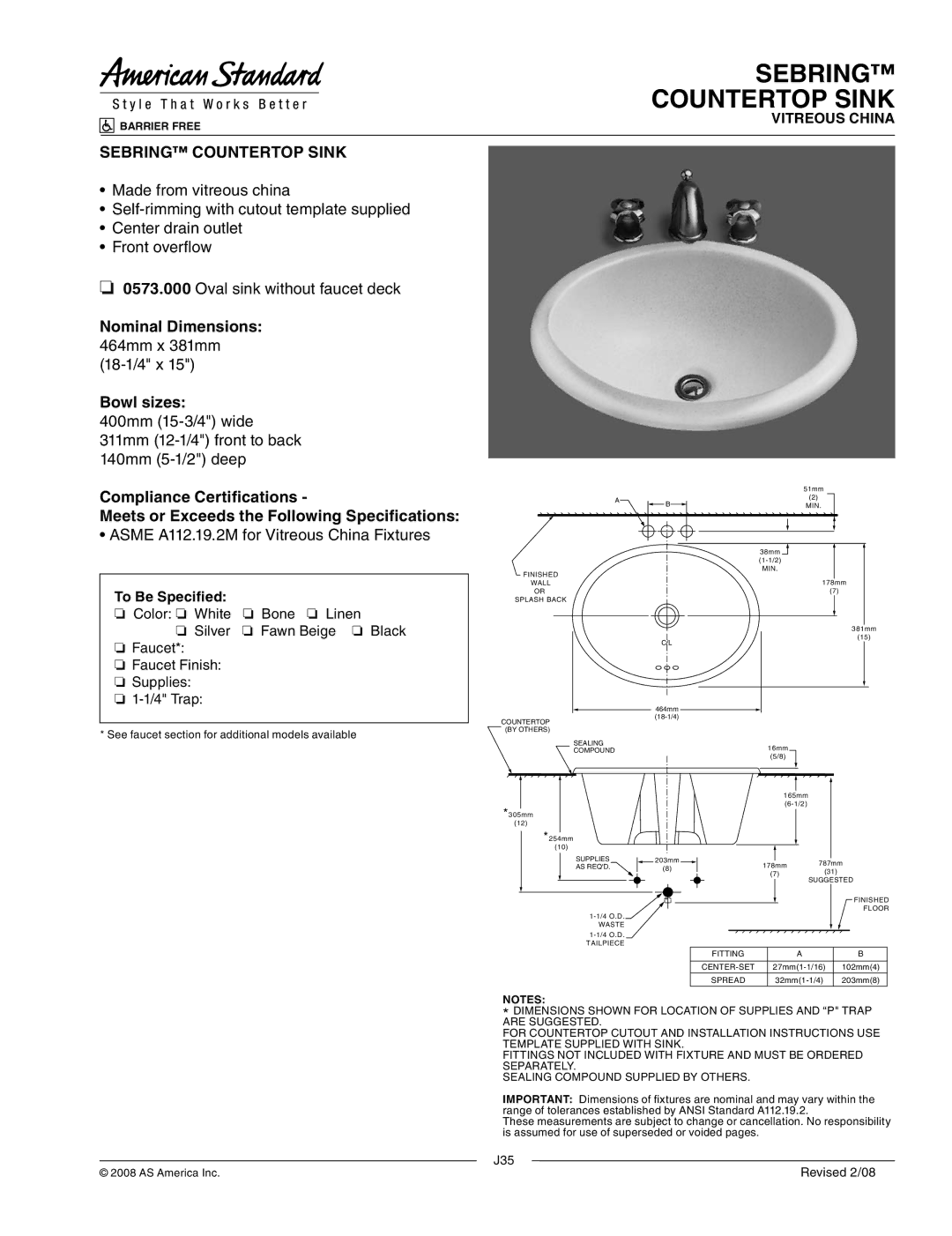 American Standard 0573.000 dimensions Sebring Countertop Sink, Asme A112.19.2M for Vitreous China Fixtures 