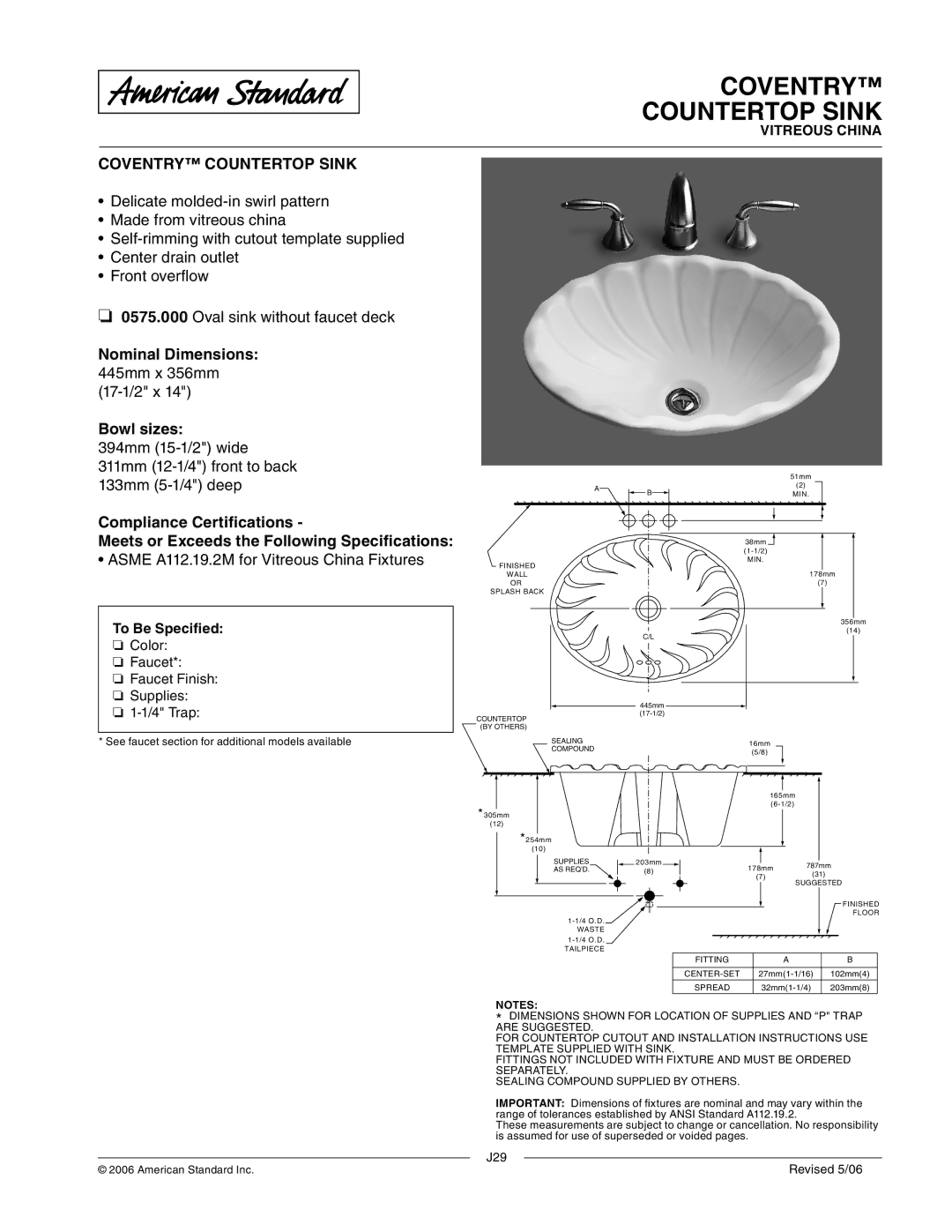 American Standard 0575.000 dimensions Coventry Countertop Sink, Asme A112.19.2M for Vitreous China Fixtures 