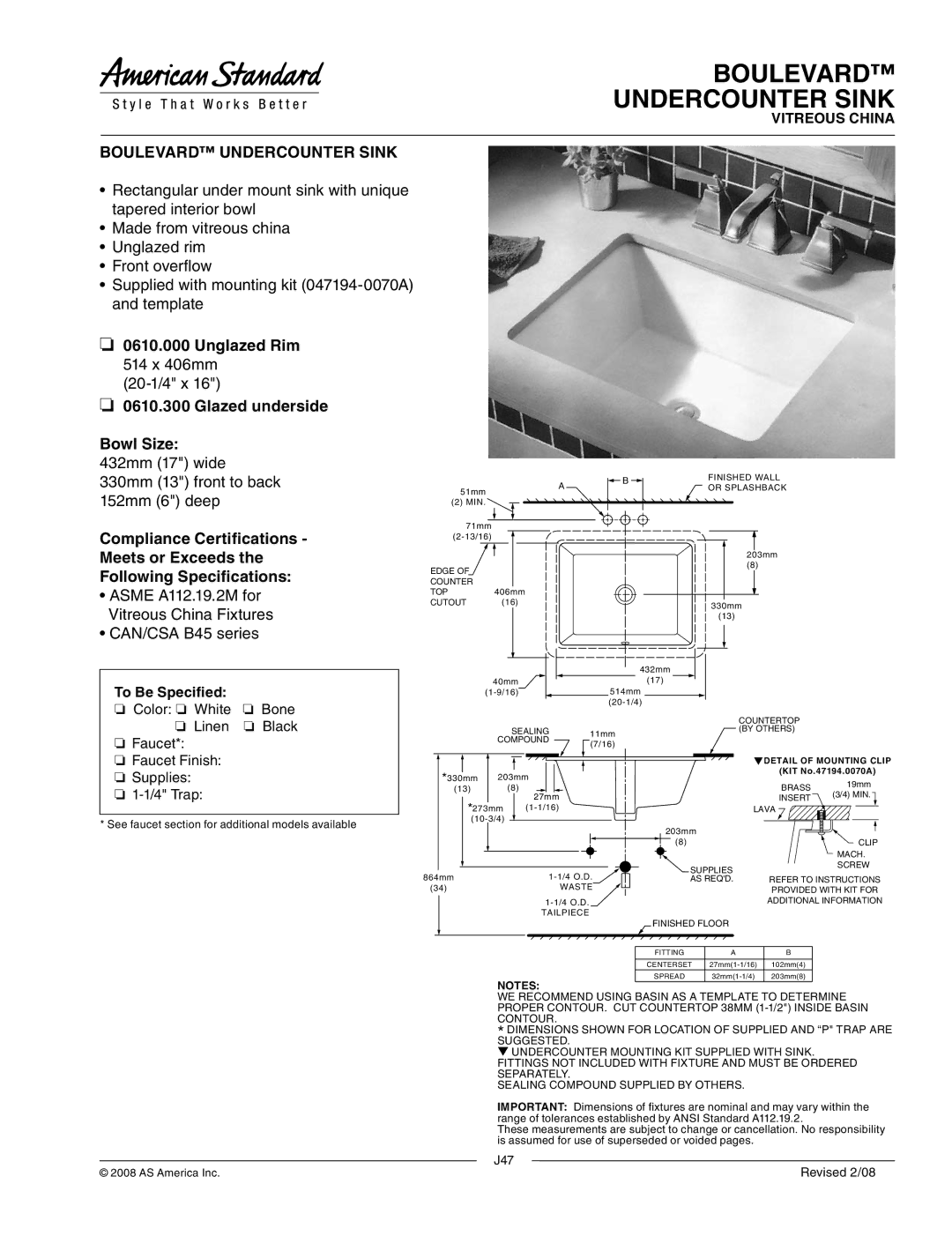 American Standard 0610.300, 0610.000 dimensions Boulevard Undercounter Sink, To Be Specified 