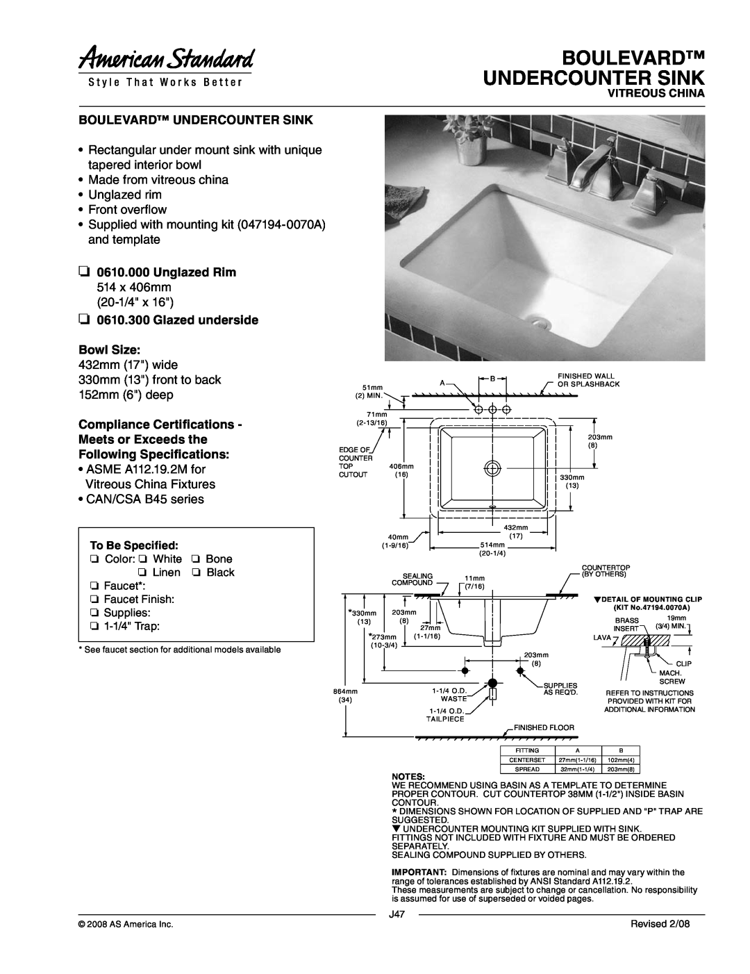 American Standard 0610.300 dimensions Boulevard Undercounter Sink, Made from vitreous china Unglazed rim, Front overflow 