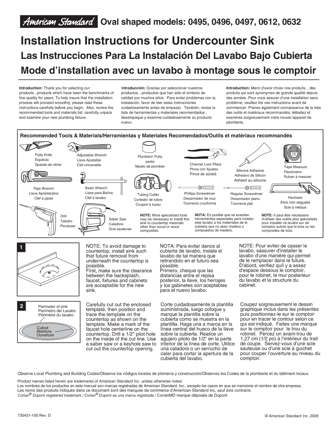 American Standard 0632, 0612 installation instructions Installation Instructions for Undercounter Sink 